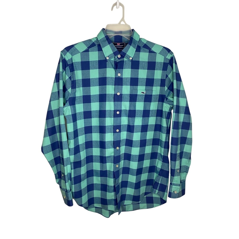 Vineyard Vines Mens Slim Tucker Performance Flannel Shirt Blue Green Plaid Large
